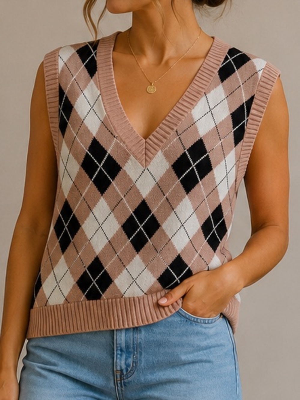 Argyle V-Neck Sleeveless Sweater Vest - Blush Pink
